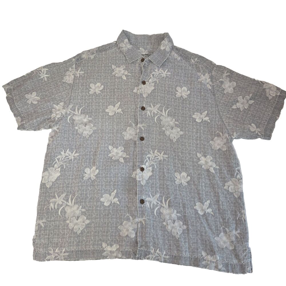 Tommy Bahama Silk Camp Shirt Men’s XL Gray White Floral Hawaiian Original Fit